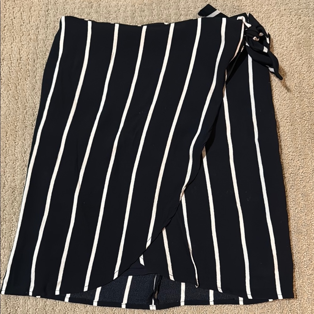 LOFT Navy and White Striped Side Tie Wrap Skirt